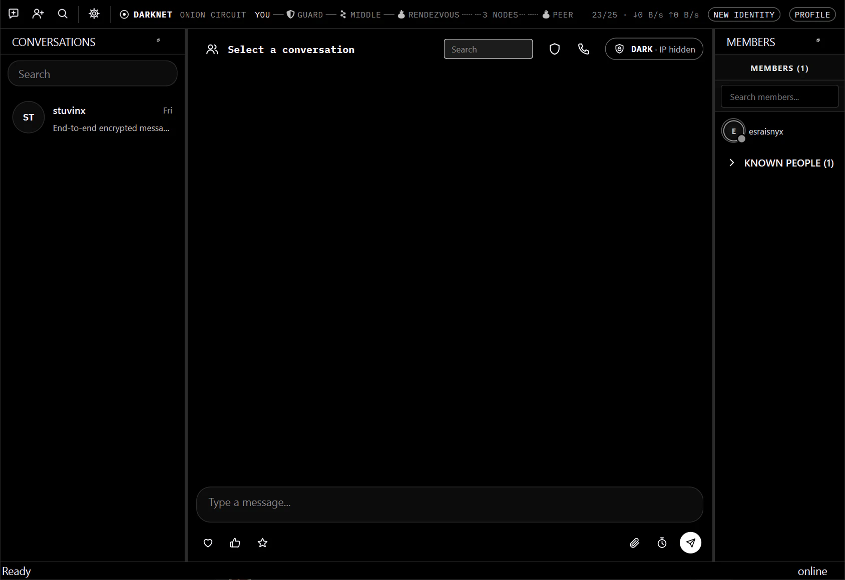 The BLACK CHAT desktop app at DARK: the ribbon across the top shows you, guard, middle, rendezvous and the peer; the badge reads DARK, IP hidden.