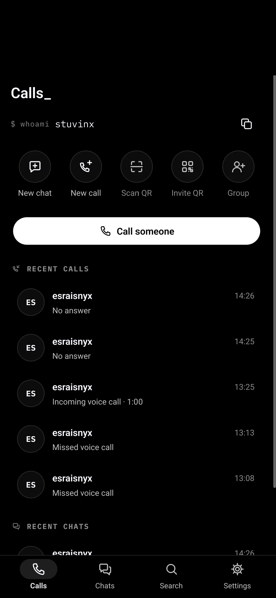 BLACK CHAT on an Android phone: Calls_, $ whoami with the handle, quick actions New chat, New call, Scan QR, Invite QR and Group, and recent calls.